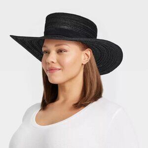 NWT Universal Thread Women's S/M 53-57 cm Black Thread Straw Boater Hat Pull-on